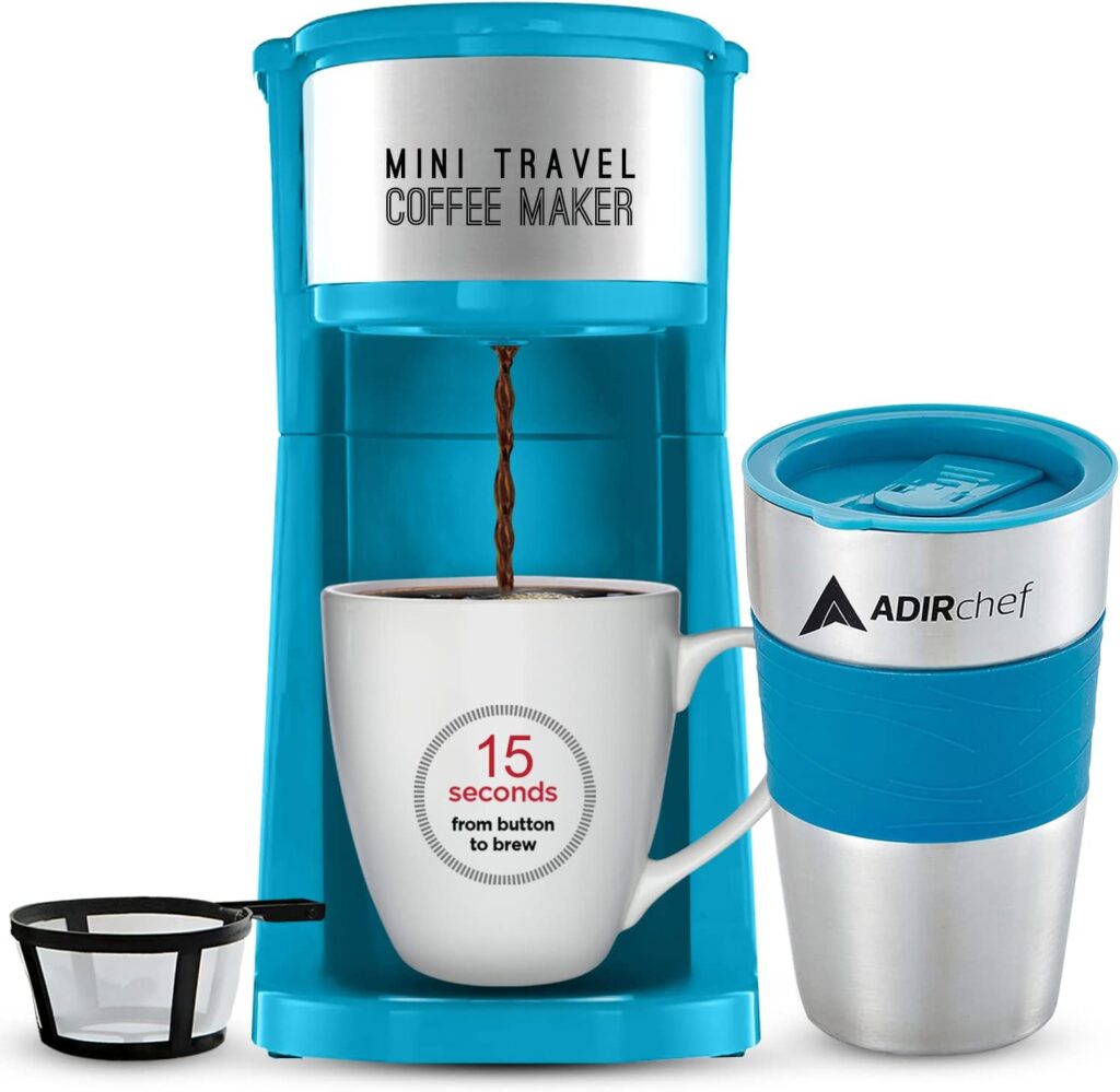 AdirChef Mini Coffee Maker - Single Serve Coffee Maker, 15 oz. Travel Coffee Mug Coffee Tumbler  Reusable Coffee Filters - Ideal for Home, Office, Outdoor  More - Blue