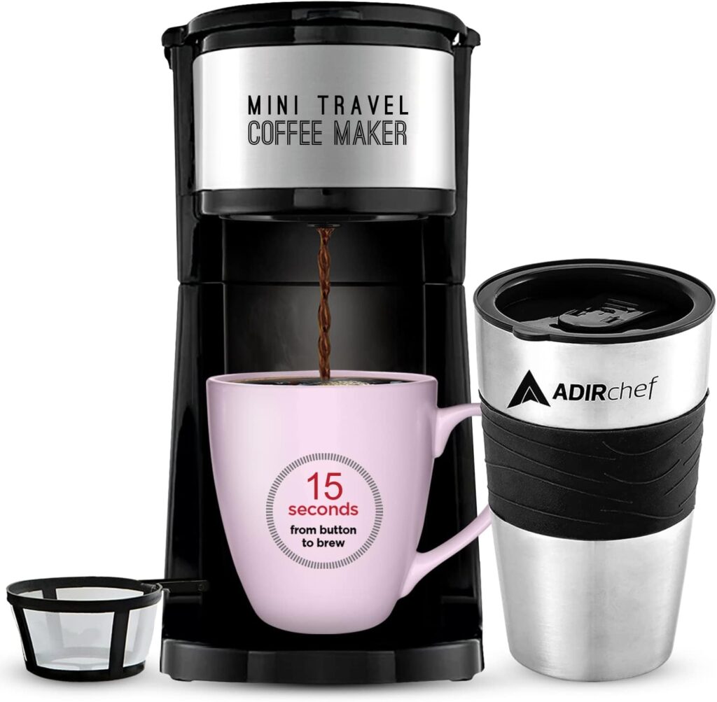 AdirChef Mini Travel Single Serve Coffee Maker 15 oz. Travel Mug Coffee Tumbler Reusable Filter for Home, Office, Camping, Portable Small and Compact for Fathers Day (Black)