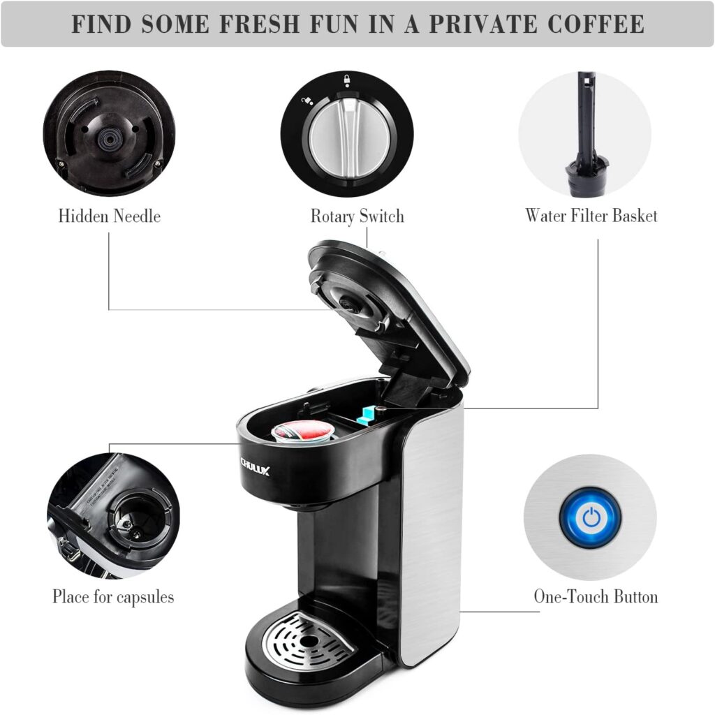 CHULUX Stainless Steel Single Serve Coffee Maker for Capsule,Visiable Gradient Water Reservoir,One Button Operation and Auto Shut Off,1000 Watts