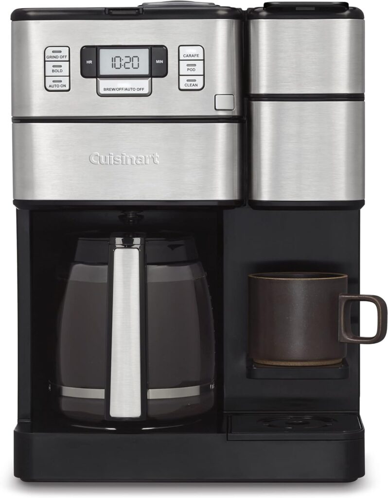 Cuisinart SS-GB1 Coffee Center Grind and Brew Plus, Built-in Coffee Grinder, Coffeemaker and Single-Serve Brewer with 6oz, 8oz and 10oz Serving Size, Black/Silver, 12-Cup Glass