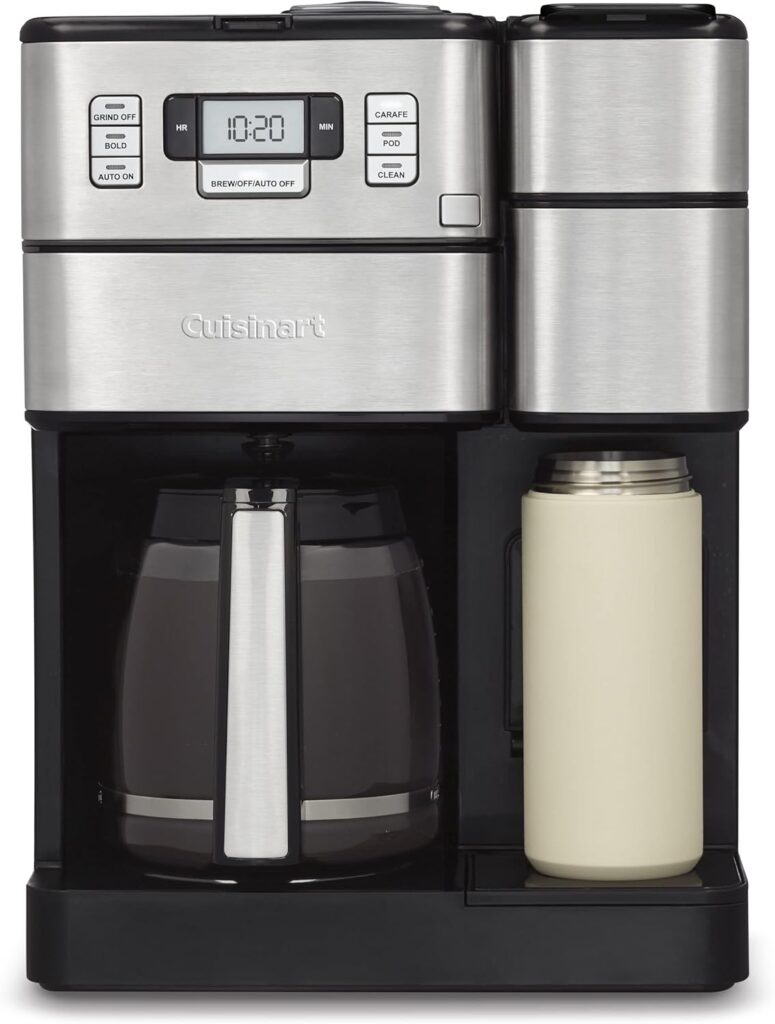 Cuisinart SS-GB1 Coffee Center Grind and Brew Plus, Built-in Coffee Grinder, Coffeemaker and Single-Serve Brewer with 6oz, 8oz and 10oz Serving Size, Black/Silver, 12-Cup Glass