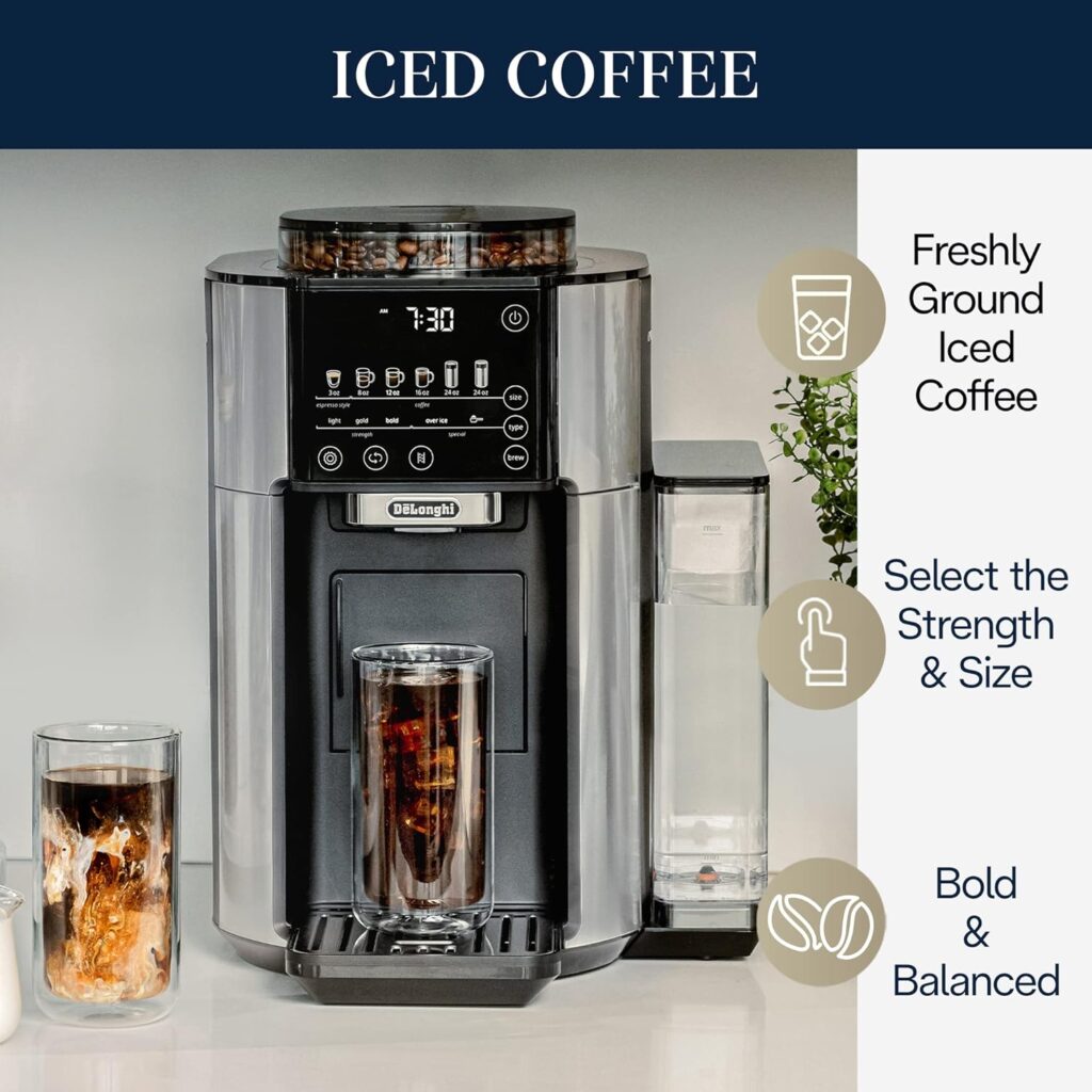 DeLonghi TrueBrew Drip Coffee Maker, Built in Grinder, Single Serve, 8 oz to 24 oz, Hot or Iced Coffee, Stainless, CAM51025MB, 15D x 13.7W x 15.8H