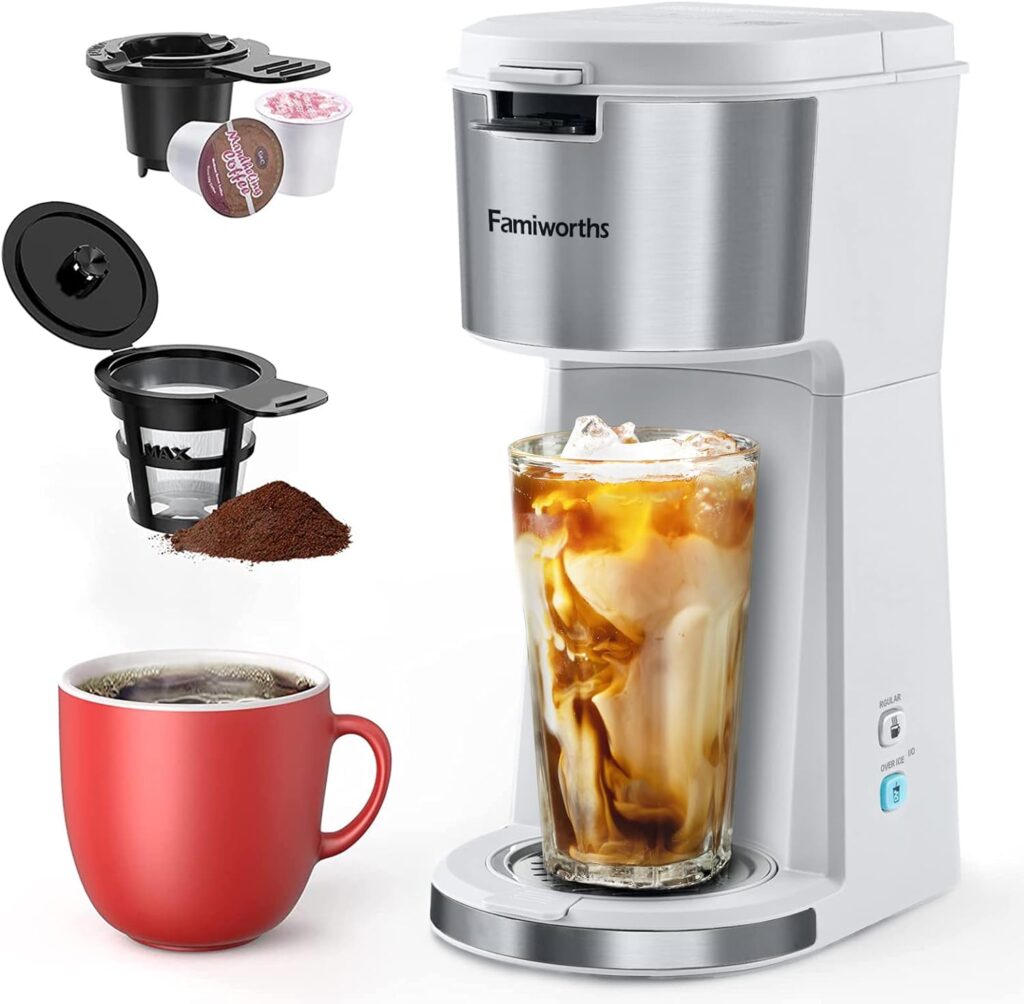 Famiworths Iced Coffee Maker, Hot and Cold Coffee Maker Single Serve for K Cup and Ground, with Descaling Reminder and Self Cleaning, Iced Coffee Machine for Home, Office and RV,White