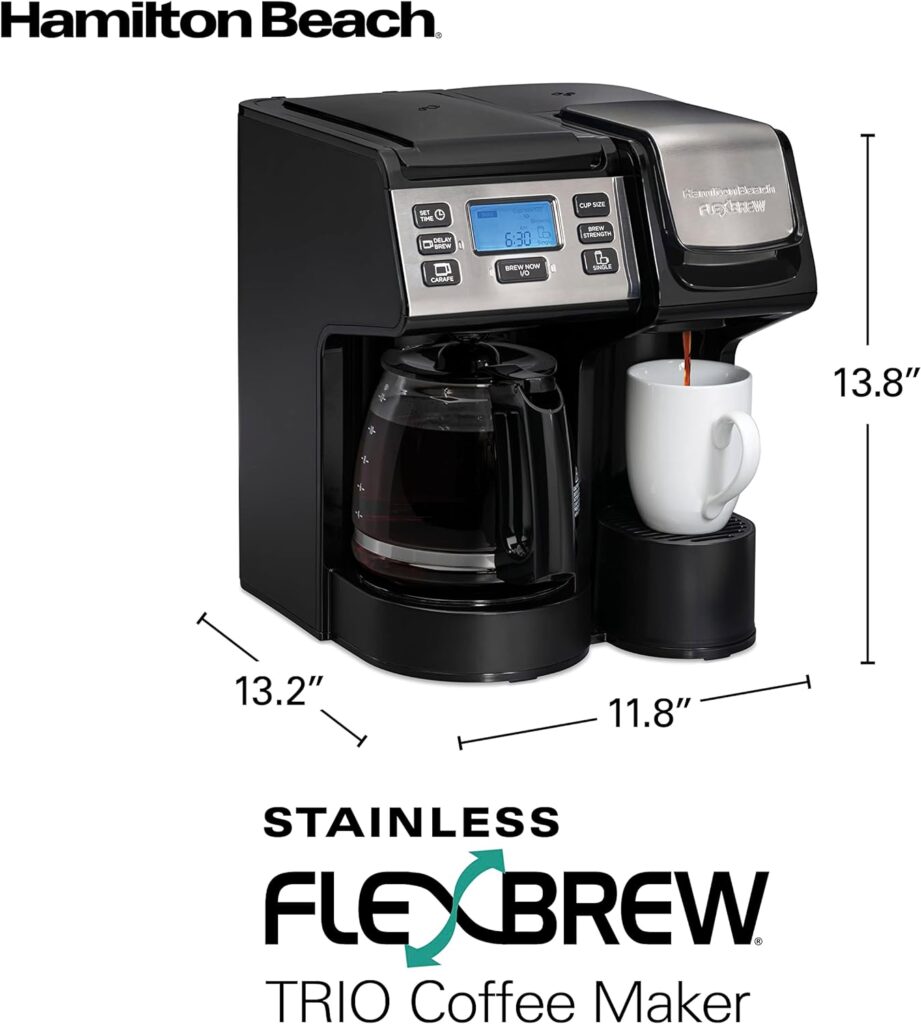 Hamilton Beach FlexBrew Trio 2-Way Coffee Maker, Compatible with K-Cup Pods or Grounds, Single Serve  Full 12c Pot, Permanent Gold-Tone Filter, Black  Silver