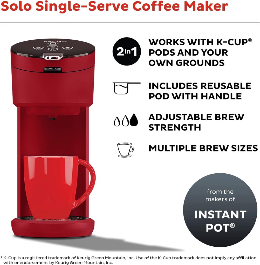 Instant Solo Single Serve Coffee Maker, From the Makers of Pot, K-Cup Pod Compatible Brewer, Includes Reusable Bold Setting, Brew 8 to 12oz., 40oz. Water Reservoir, Black