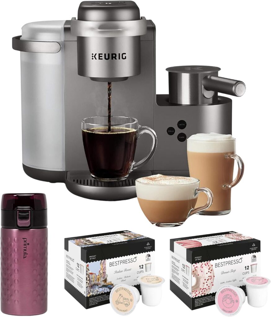 Keurig K-Cafe Special Edition Coffee Maker with Latte and Cappuccino Functionality (Nickel) Bundle with Donut Shop and Italian Medium Roast Coffee Pods and Stainless Steel Tumbler (4 Items)