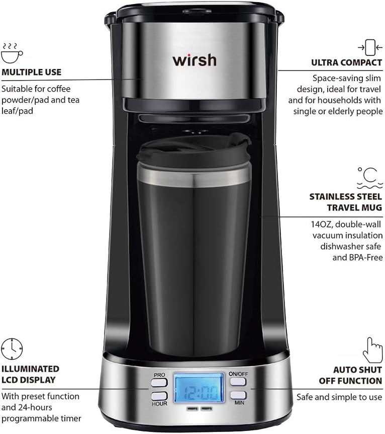 wirsh Single Serve Coffee Maker-Small Travel Coffee Maker with 14 oz.Travel Mug,Single Cup Coffee maker with Reusable Coffee Filter,Non-Pod Coffee Maker,Black