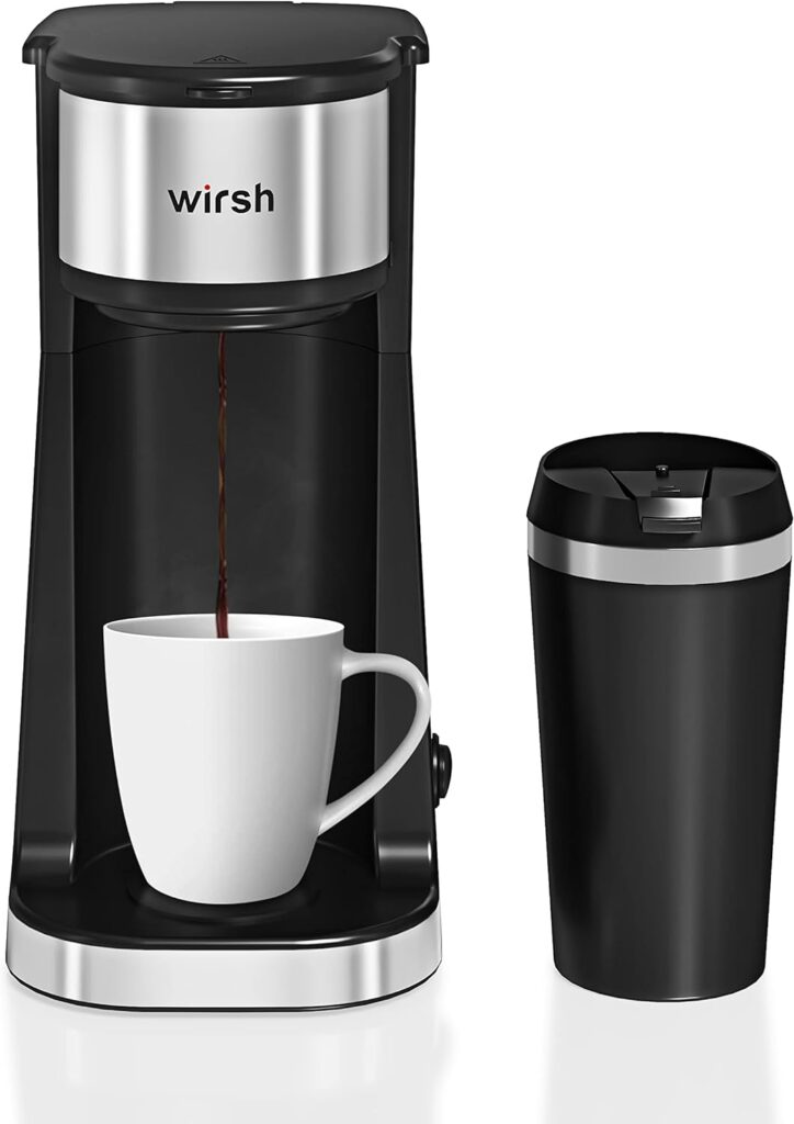 wirsh Single Serve Coffee Maker-Small Travel Coffee Maker with 14 oz.Travel Mug,Single Cup Coffee maker with Reusable Coffee Filter,Non-Pod Coffee Maker,Black