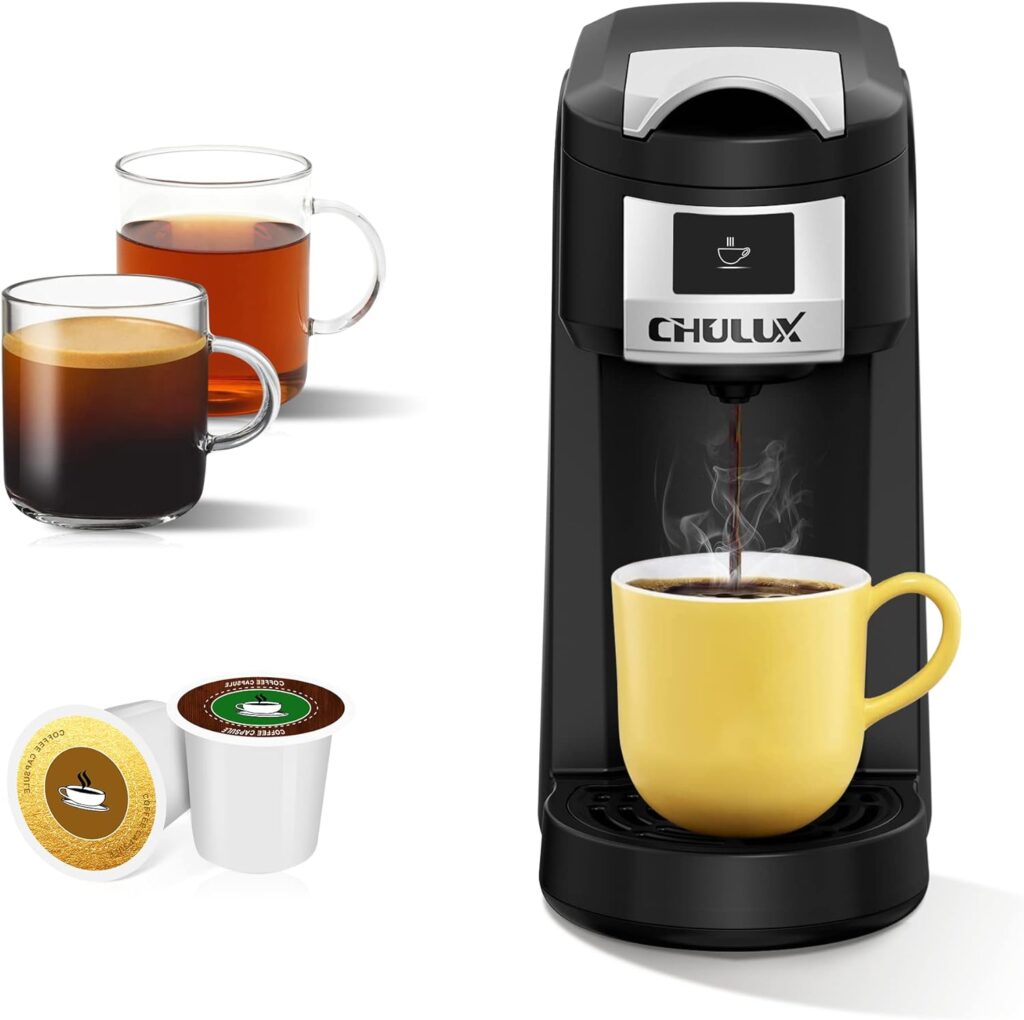 CHULUX Coffee Maker Single Serve for K CUP, Upgrade Mini Coffee Maker Single Cup 5-12oz Coffee Brewer, All in One Coffee Machine for K Cups Pod Capsule Ground Coffee Tea, One Touch Brewing in Minutes