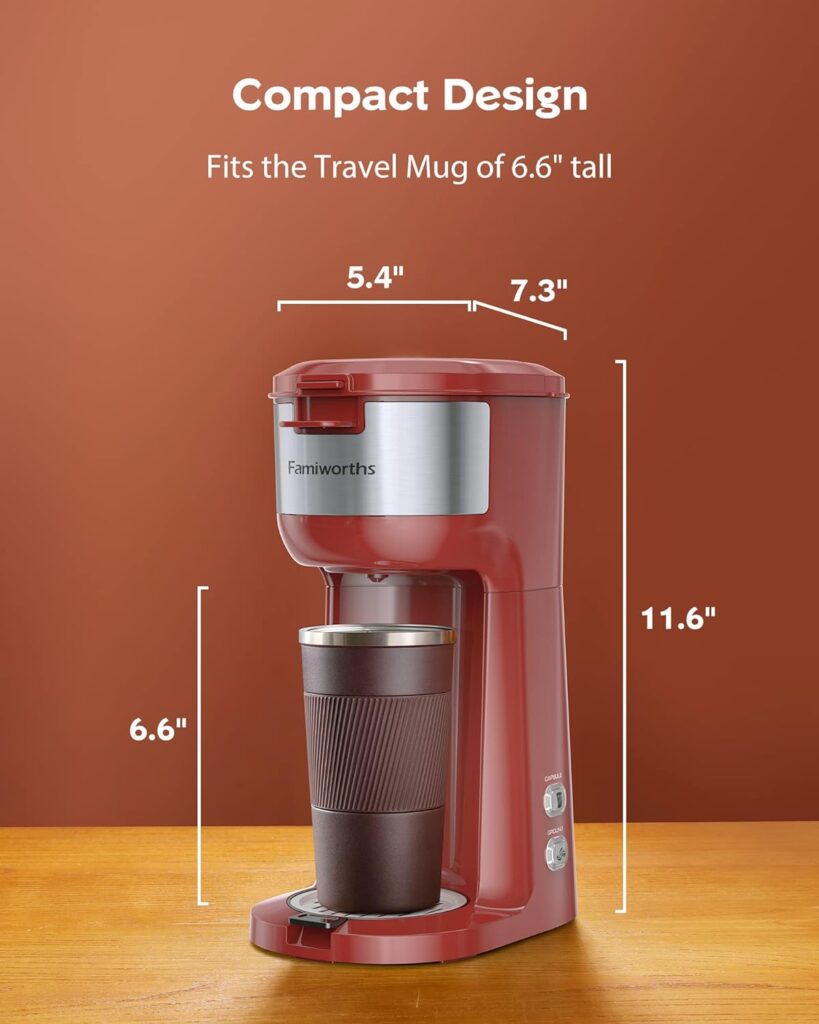 Famiworths Single Serve Coffee Maker for K Cup and Ground Coffee, 6 to 14 Oz Brew Sizes, Fits Travel Mug, Mini One Cup Coffee Maker with Self-cleaning Function, Red