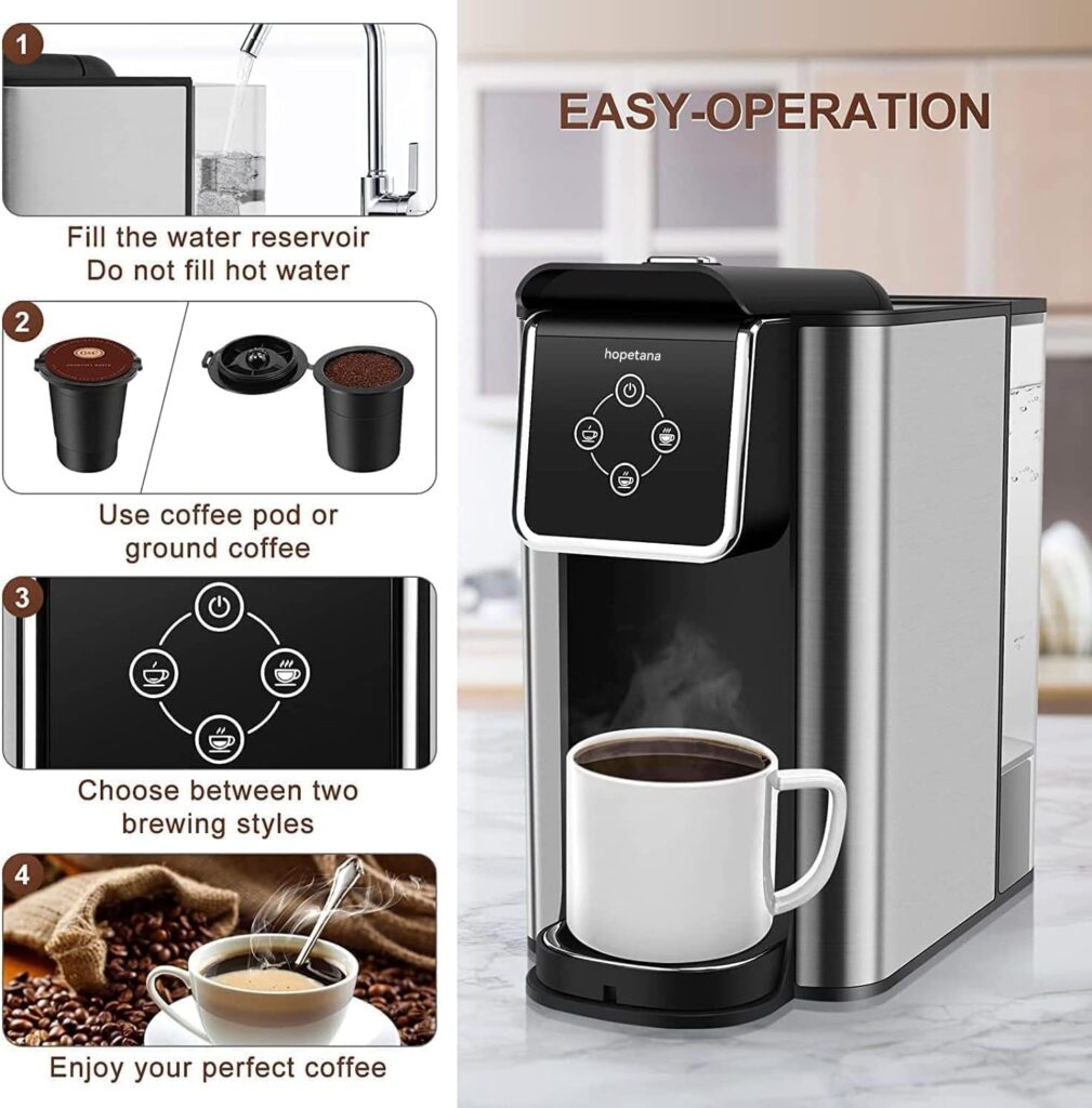 HOPETANA Single Serve Coffee Machine, 3-in-1 Pod Coffee Maker For K-Cup Capsule, Ground Coffee Brewer, Loose Tea maker, 6 to 10 Ounce Cup, Removable 50 Oz Water Reservoir