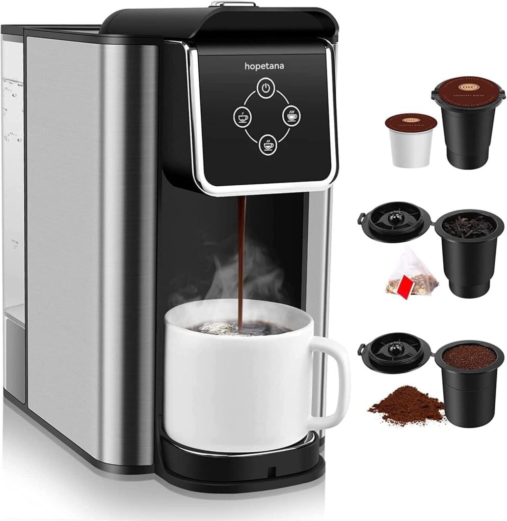 HOPETANA Single Serve Coffee Machine, 3-in-1 Pod Coffee Maker For K-Cup Capsule, Ground Coffee Brewer, Loose Tea maker, 6 to 10 Ounce Cup, Removable 50 Oz Water Reservoir