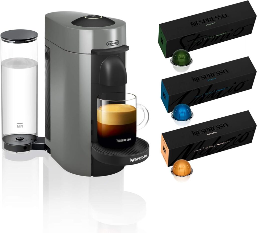 Nespresso VertuoPlus Coffee and Espresso Machine Bundle by DeLonghi with Vertuoline Variety Pack Coffees included