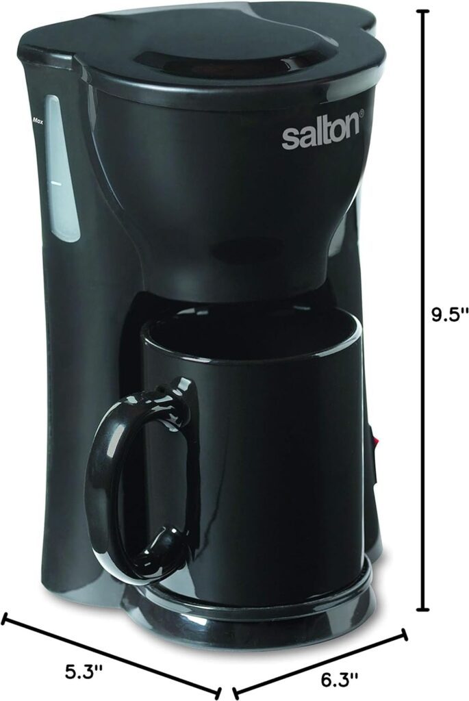 Salton 1 Cup Mini Compact Drip Maker with Reusable Mesh Filter for Coffee Grounds, 10 Oz, Black